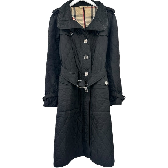 Burberry Black Quilted Belted Midweight Button Up Long Coat Jacket - Picture 6 of 10